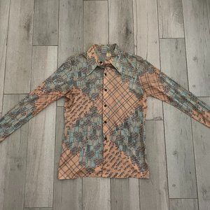 VTG Alfie California 1970s Long Sleeve Shirt Disco Button Up Light Blue Brown
